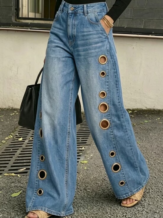 Denim - Women'S 2026 Metal Eyelet Wide Leg Jeans, High Waisted Washed Denim Pants, Uniqu